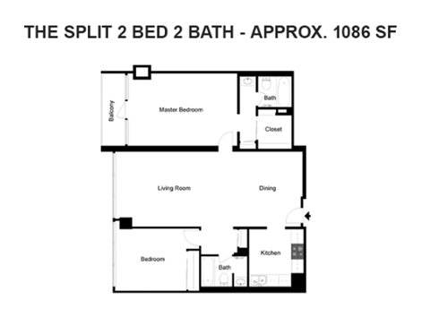 A floor plan of a split 2 bedroom 2 bath apartment.